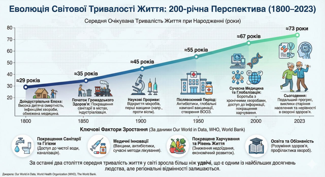 Інфографіка: Еволюція світової тривалості життя за 200 років