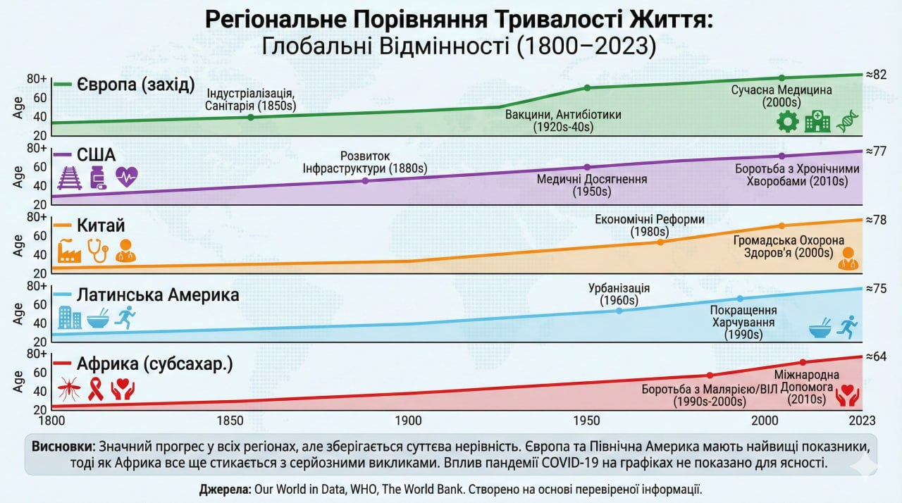 Інфографіка: Регіональні відмінності у тривалості життя (1800–2023)