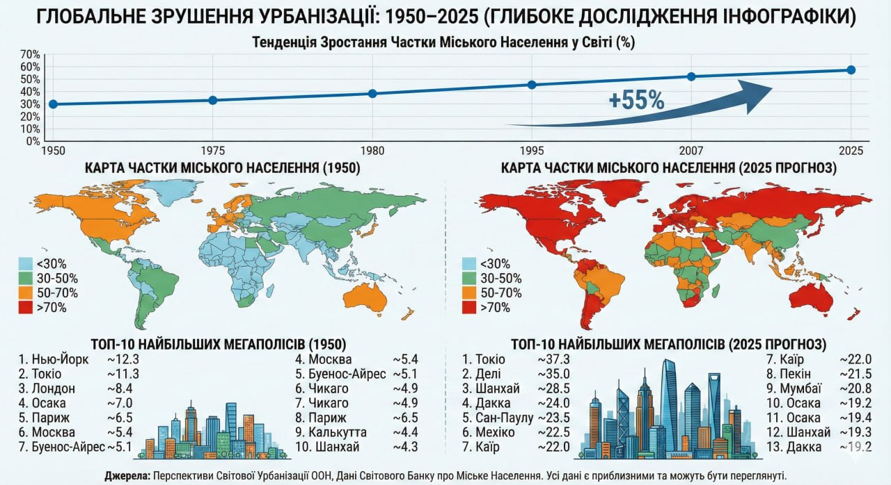Інфографіка: глобальне зростання урбанізації та мегаполісів 1950–2025