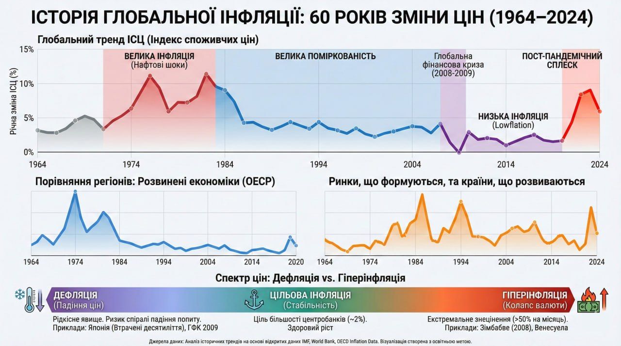 Інфографіка: історія глобальної інфляції 1964–2024, порівняння регіонів та спектр від дефляції до гіперінфляції